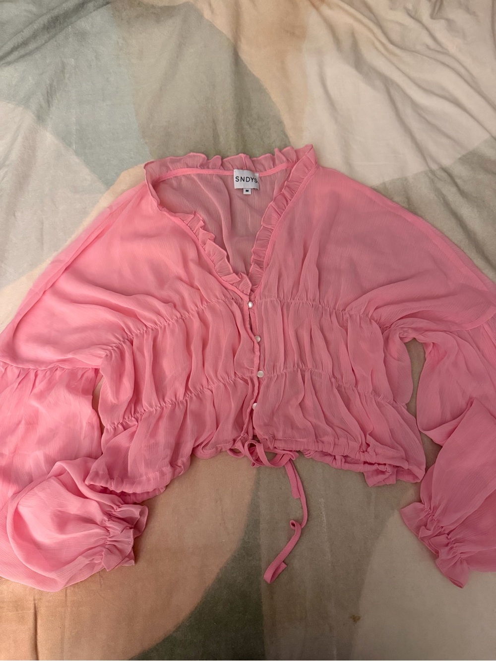 SNDYS | Pink Ruffle-Trim Button Front Peasant Top